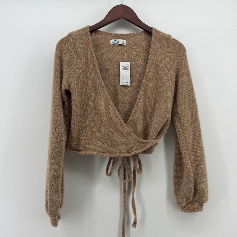 Hollister Women Tan Fuzzy Wrap Cropped Sweater V-Neck Balloon Sleeve‎ Small NWT